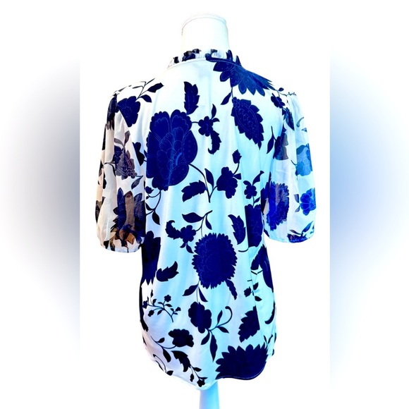 Ann Taylor Floral Mixed Media Ruffle Neck Top - Picture 7 of 10